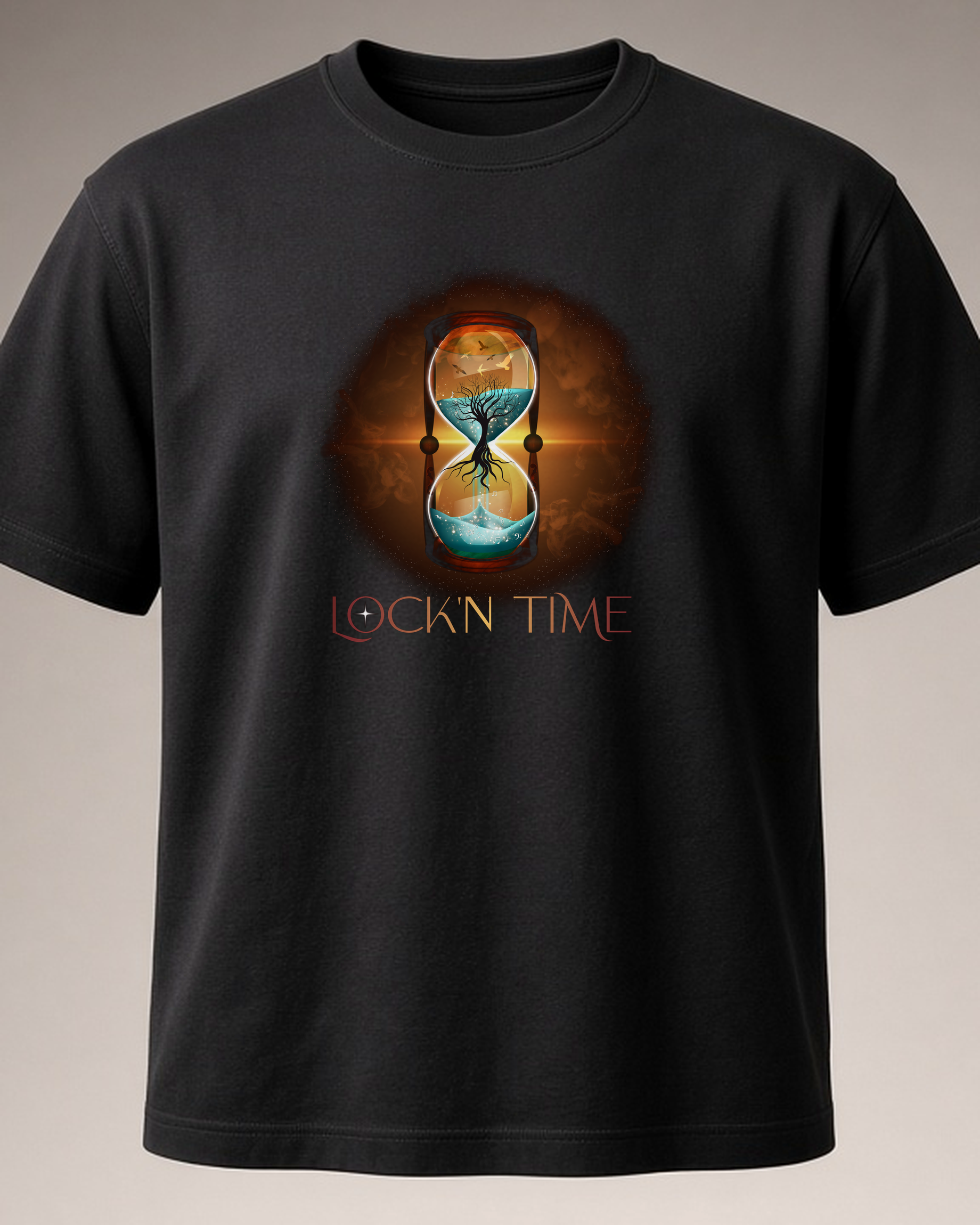 Black Stanley/Stella Creator 2.0 jersey tee with the hourglass and Lock'n Time wordmark beneath the hourglass