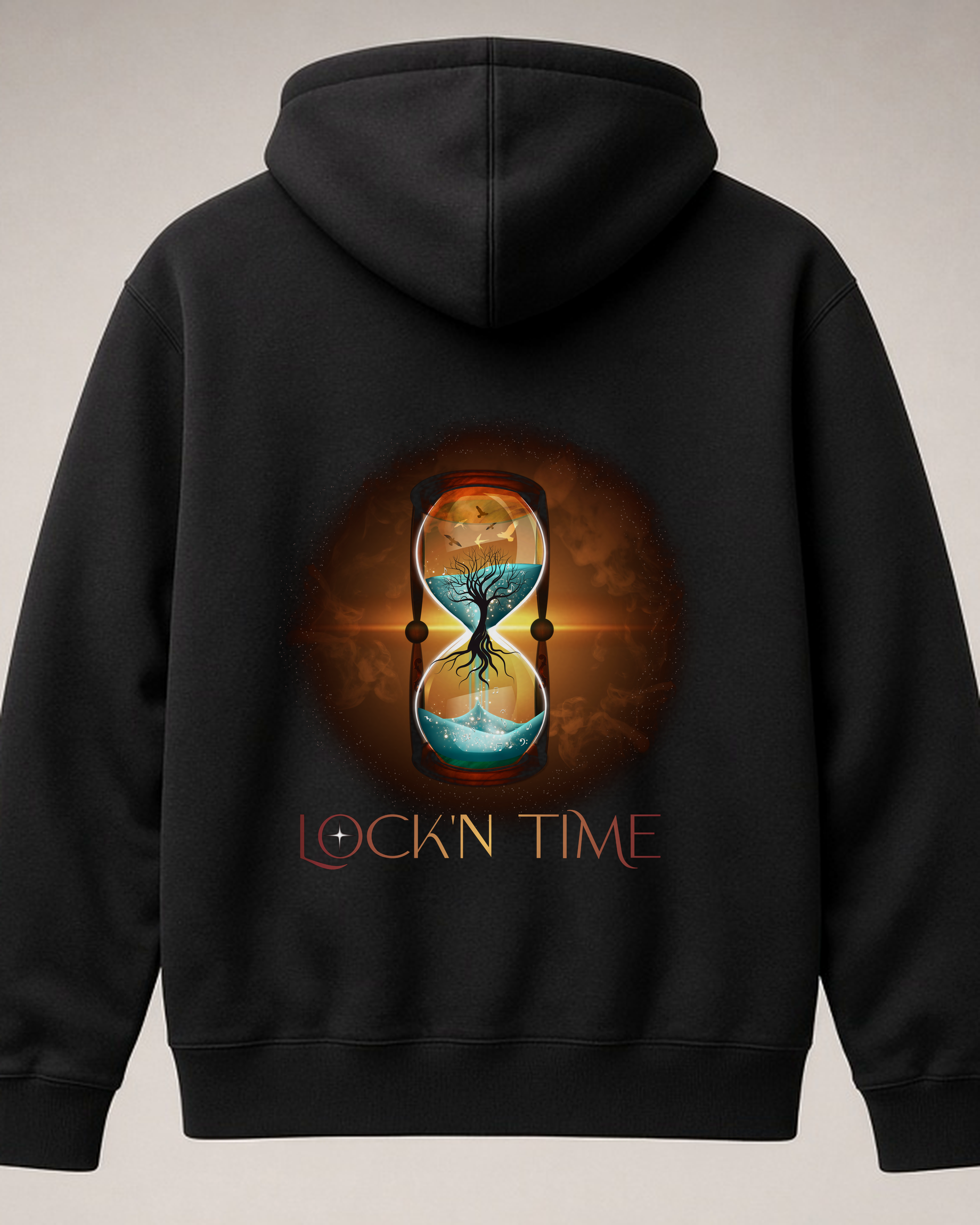 Back of the black zip-up hoodie with the eleven-inch full hourglass and LOCK'N TIME mark