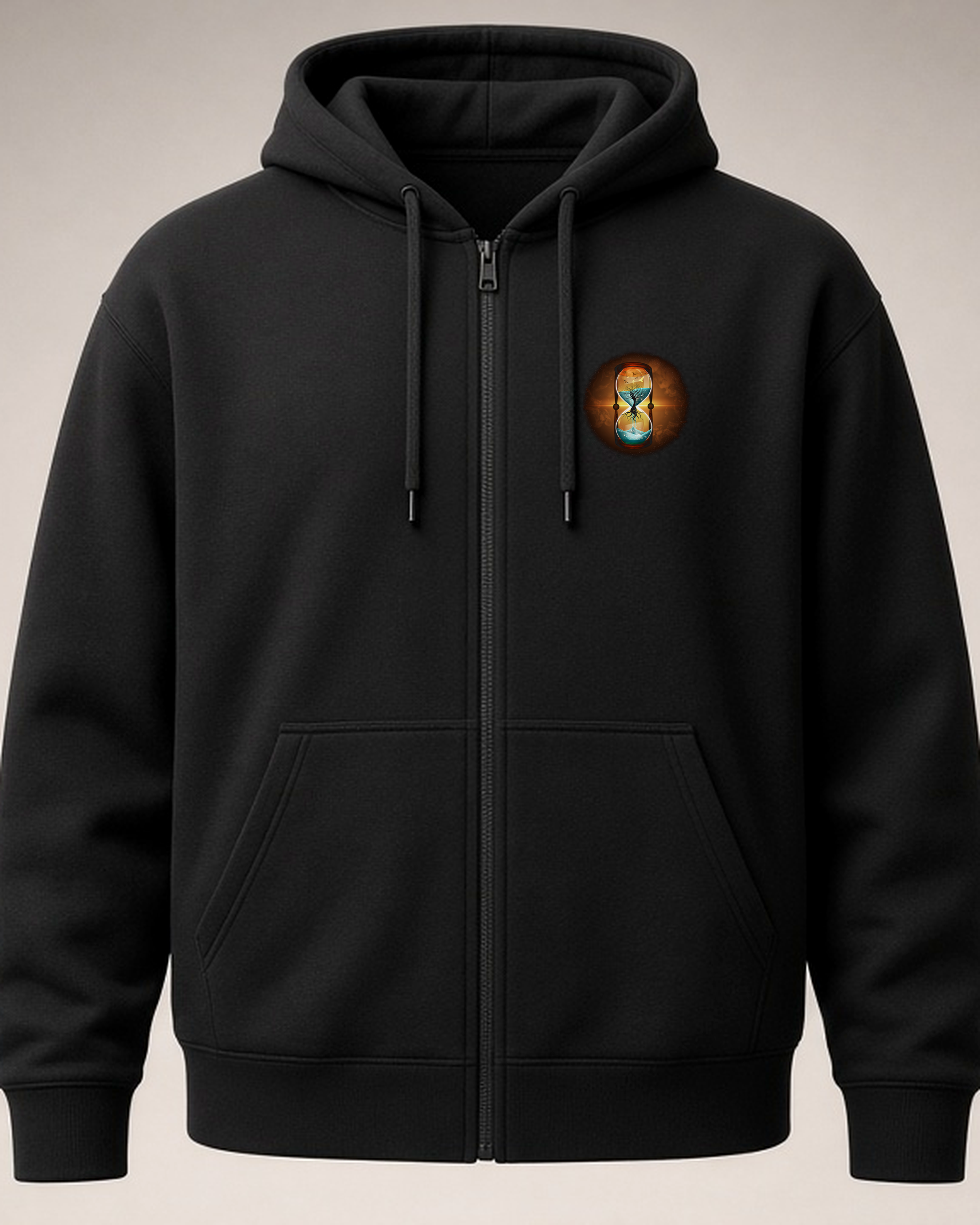Black Cultivator 2.0 zip-up hoodie with a three-inch art-only hourglass at the left chest, clear of the kangaroo pocket